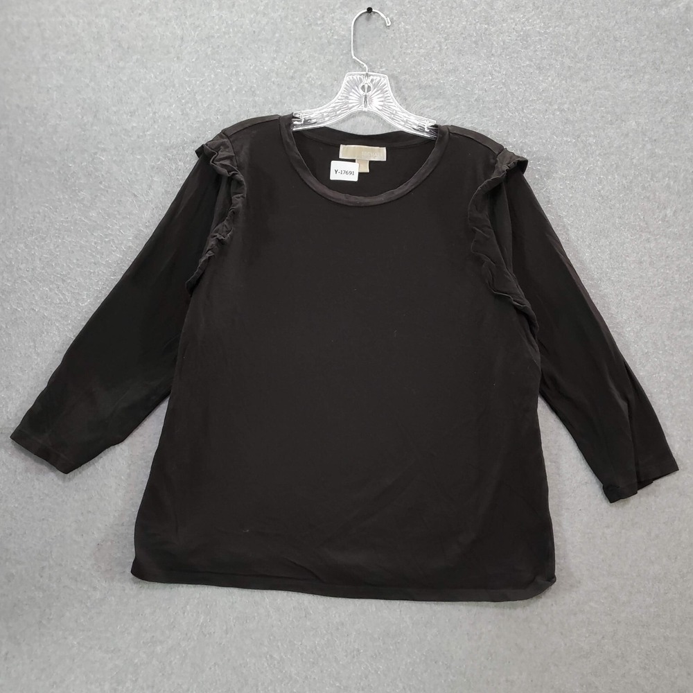 Michael Kors Women Top XL Black Shirt 3/4 Sleeve Crew Neck Pullover Ruffle Tee